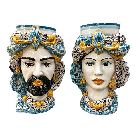 Teste di moro con turbante e drappeggio decoro floreale azzurro Produzione artigianale di Caltagirone h.40cm