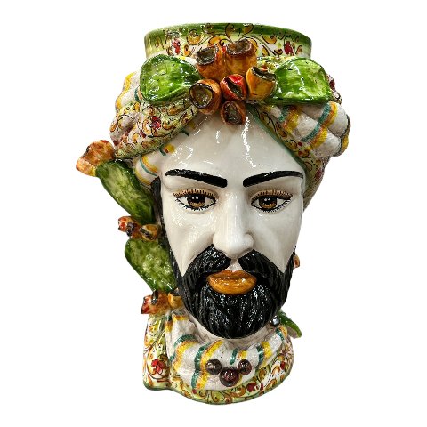 Teste di Moro con fichi d'india e turbante decoro floreale verde Produzione artigianale  di Caltagirone h.40cm