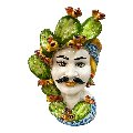 Teste di moro con fichi d'india decoro blu floreale Produzione artigianale di Caltagirone h.30 cm