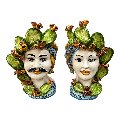 Teste di moro con fichi d'india decoro blu floreale Produzione artigianale di Caltagirone h.30 cm