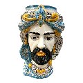 Teste di moro con turbante e drappeggio decoro floreale azzurro Produzione artigianale di Caltagirone h.40cm