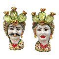 Teste di moro in ceramica siciliana decoro con fichi d’india Produzione artigianale  di Caltagirone h.30cm