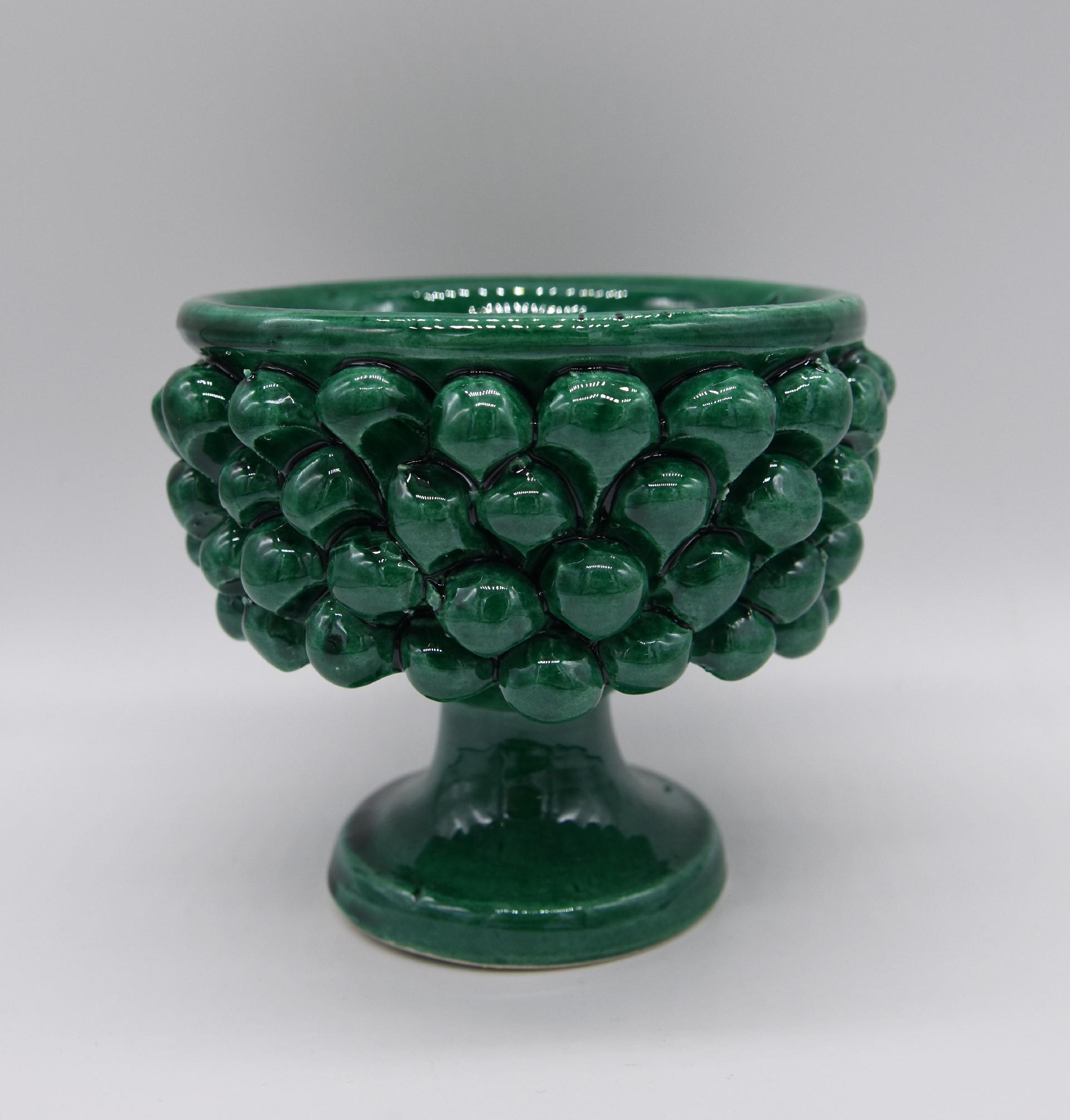 Mezza pigna h.10 cm verde ramino vaso porta pianta Produzione artigianale di Caltagirone con alzata