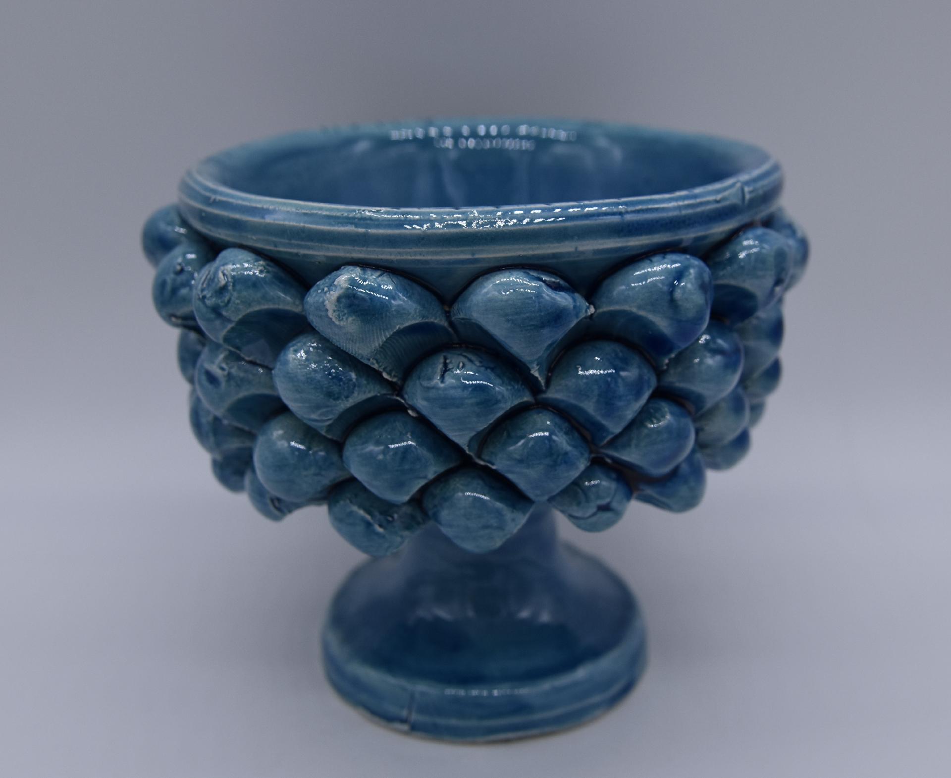 Mezza pigna h.10 cm blu antico vaso porta pianta Produzione artigianale di Caltagirone con alzata