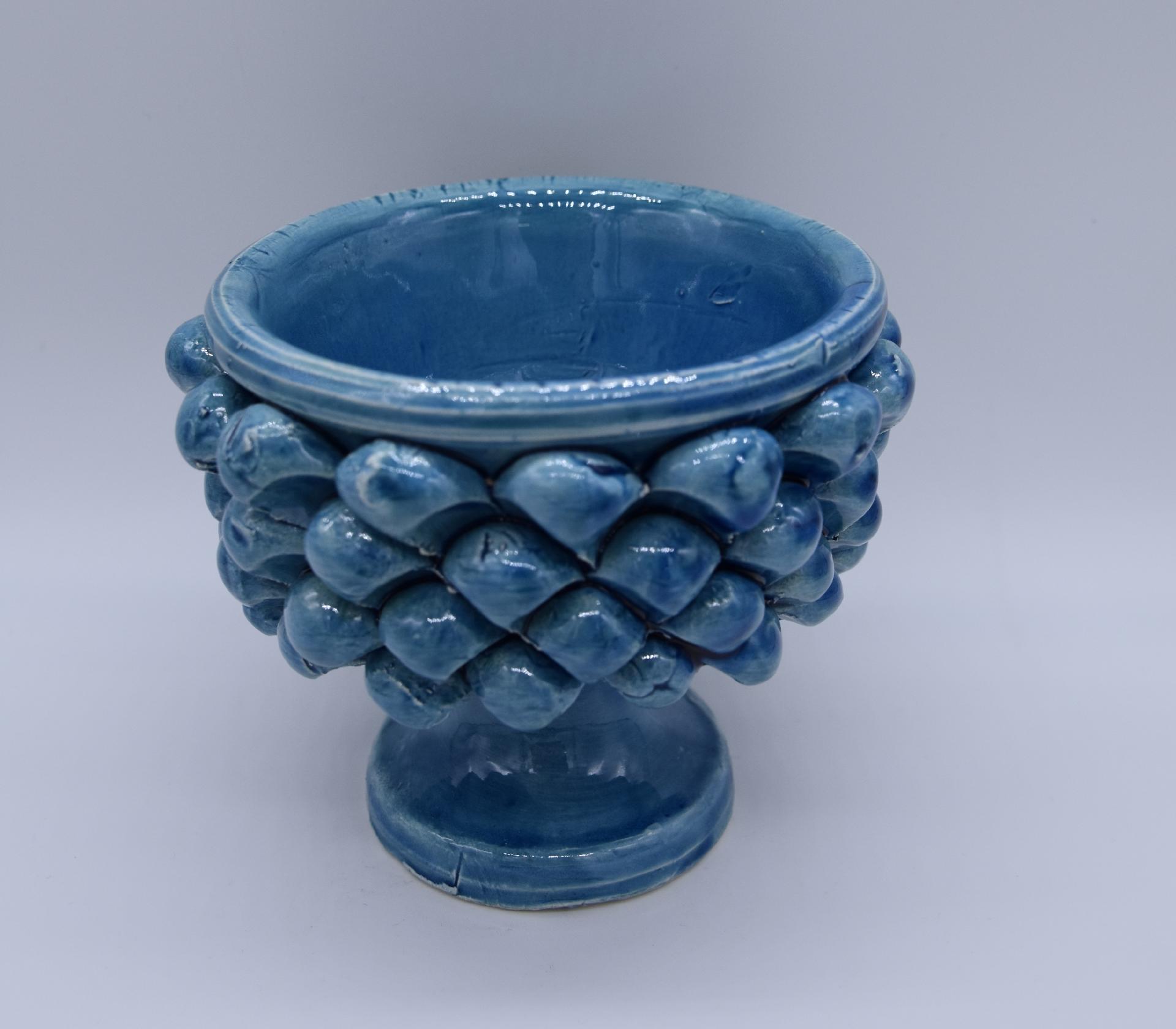 Mezza pigna h.10 cm blu antico vaso porta pianta Produzione artigianale di Caltagirone con alzata
