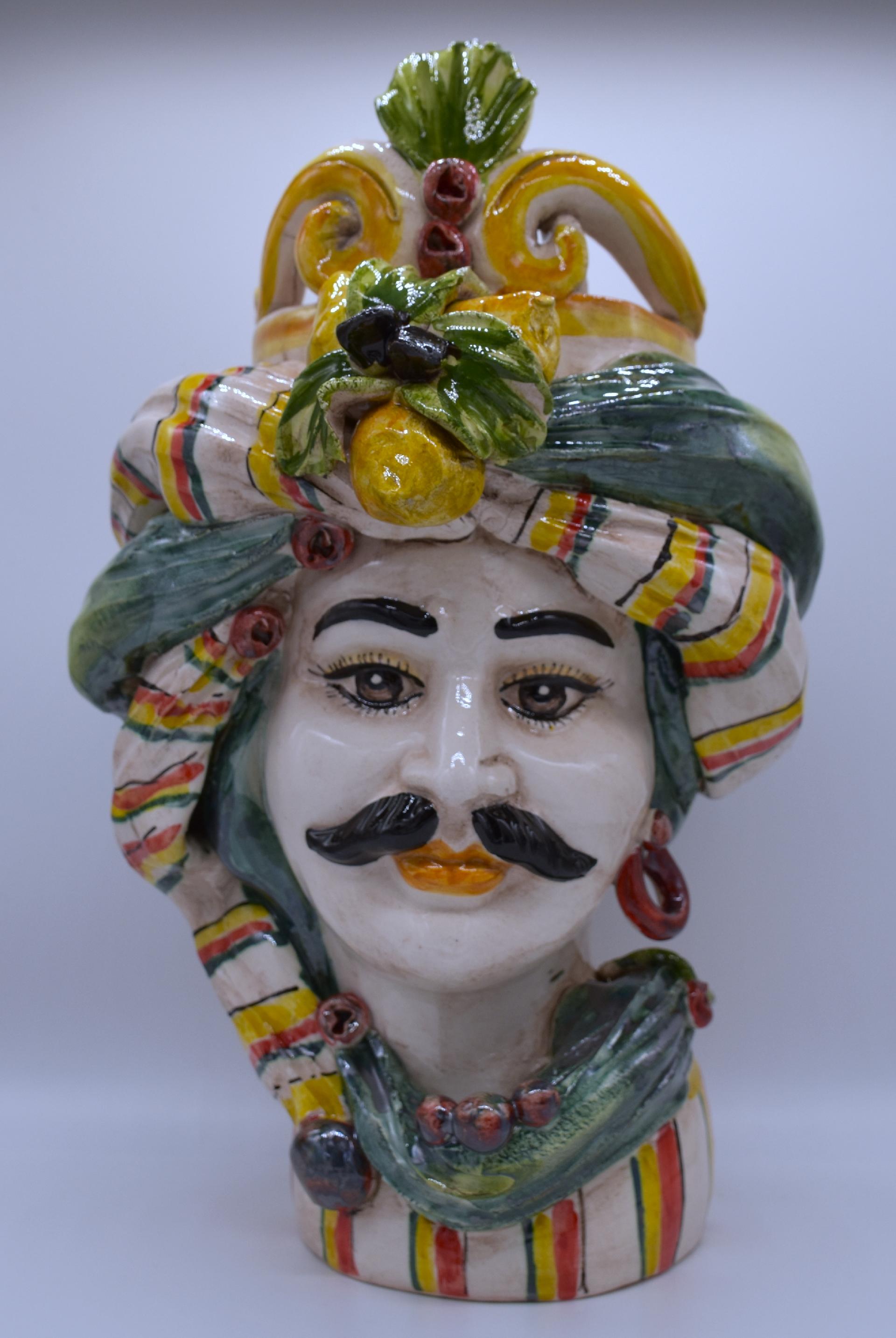 Coppia Teste di moro con limoni e turbante decoro verde Produzione artigianale di Caltagirone h.30cm