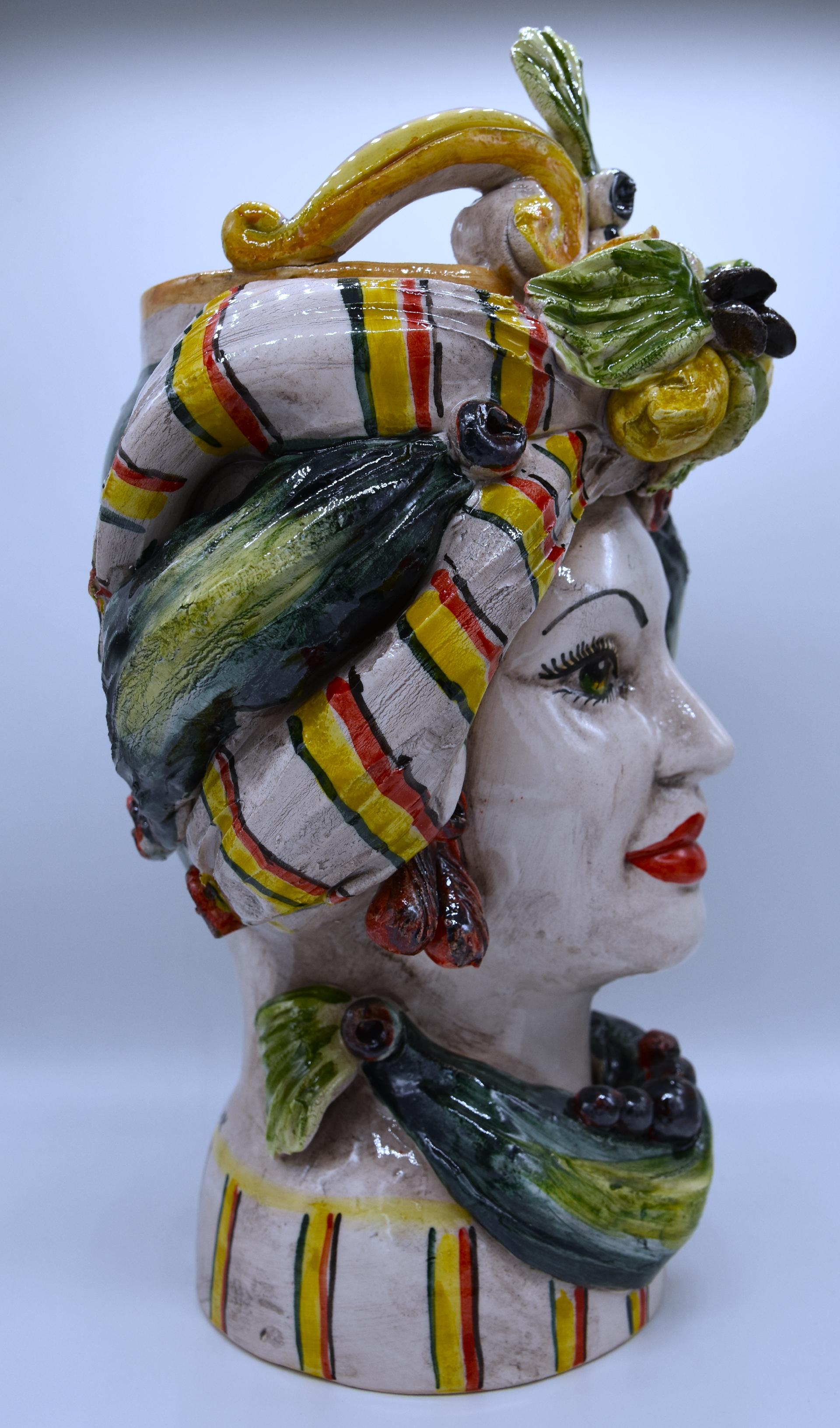 Coppia Teste di moro con limoni e turbante decoro verde Produzione artigianale di Caltagirone h.30cm