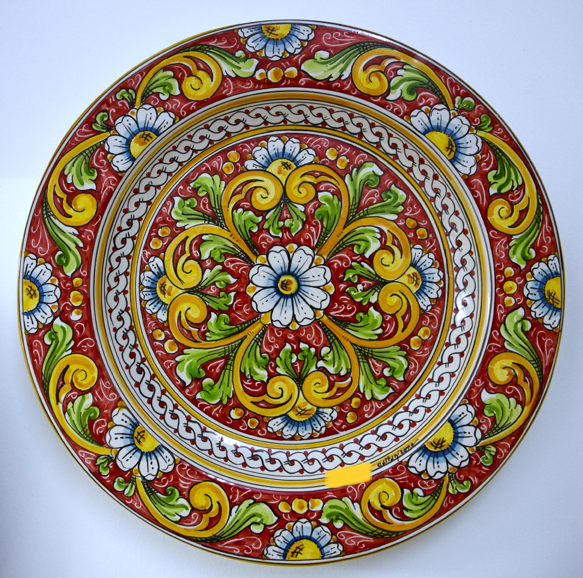 Piatto floreale in ceramica siciliana da parete Produzione artigianale di Caltagirone Diametro 55cm