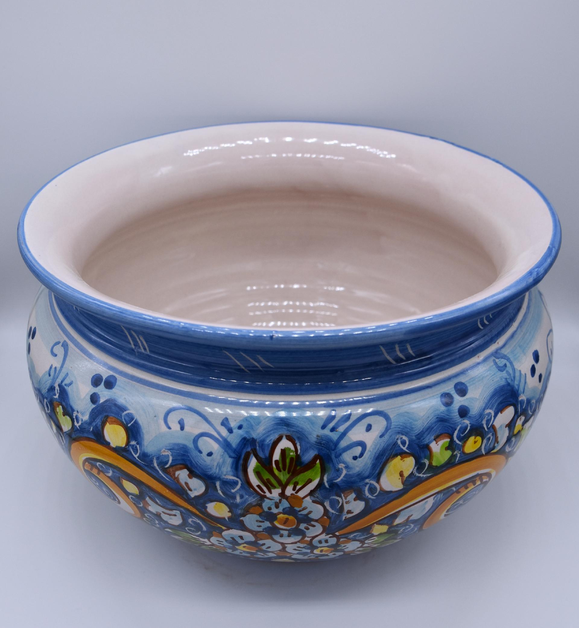Portavaso cachepot decoro nastrino celeste in ceramica siciliana Produzione artigianale di Caltagirone Diametro 20cm