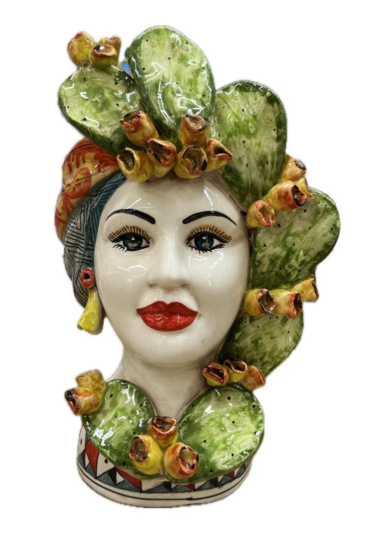 Teste di Moro decorate con fichi d'india in ceramica siciliana Produzione artigianale di Caltagirone h.30cm