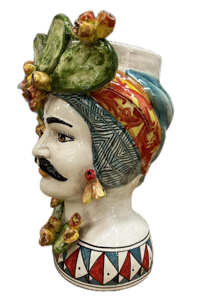 Teste di Moro decorate con fichi d'india in ceramica siciliana Produzione artigianale di Caltagirone h.30cm