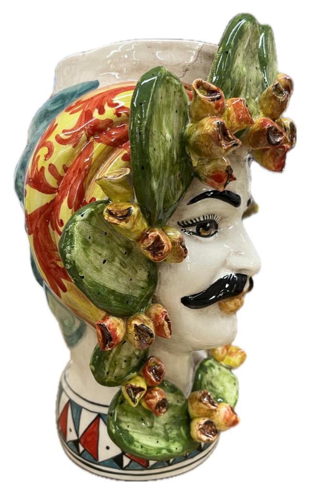 Teste di Moro decorate con fichi d'india in ceramica siciliana Produzione artigianale di Caltagirone h.30cm