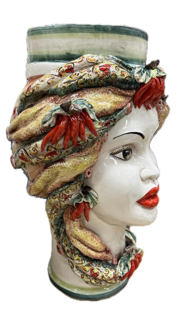 Teste di Moro decoro verde con peperoncini Produzione artigianale di Caltagirone h.50cm