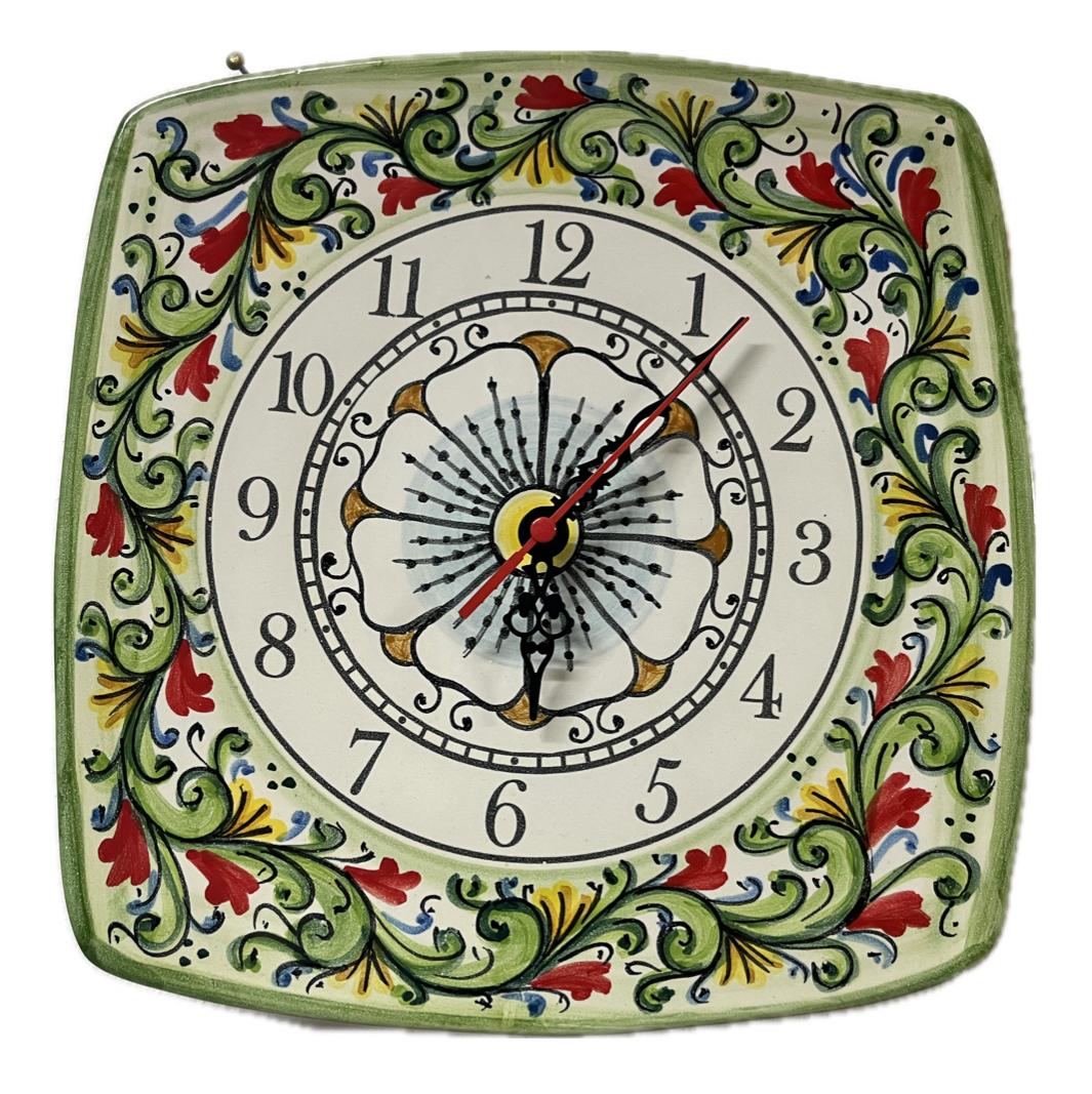 Orologio da parete in ceramica quadrato decoro siciliano Produzione artigianale di Santo Stefano di Camastra lunghezza 25cm