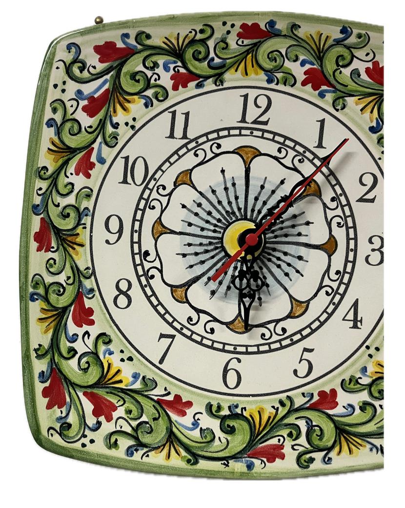 Orologio da parete in ceramica quadrato decoro siciliano Produzione artigianale di Santo Stefano di Camastra lunghezza 25cm
