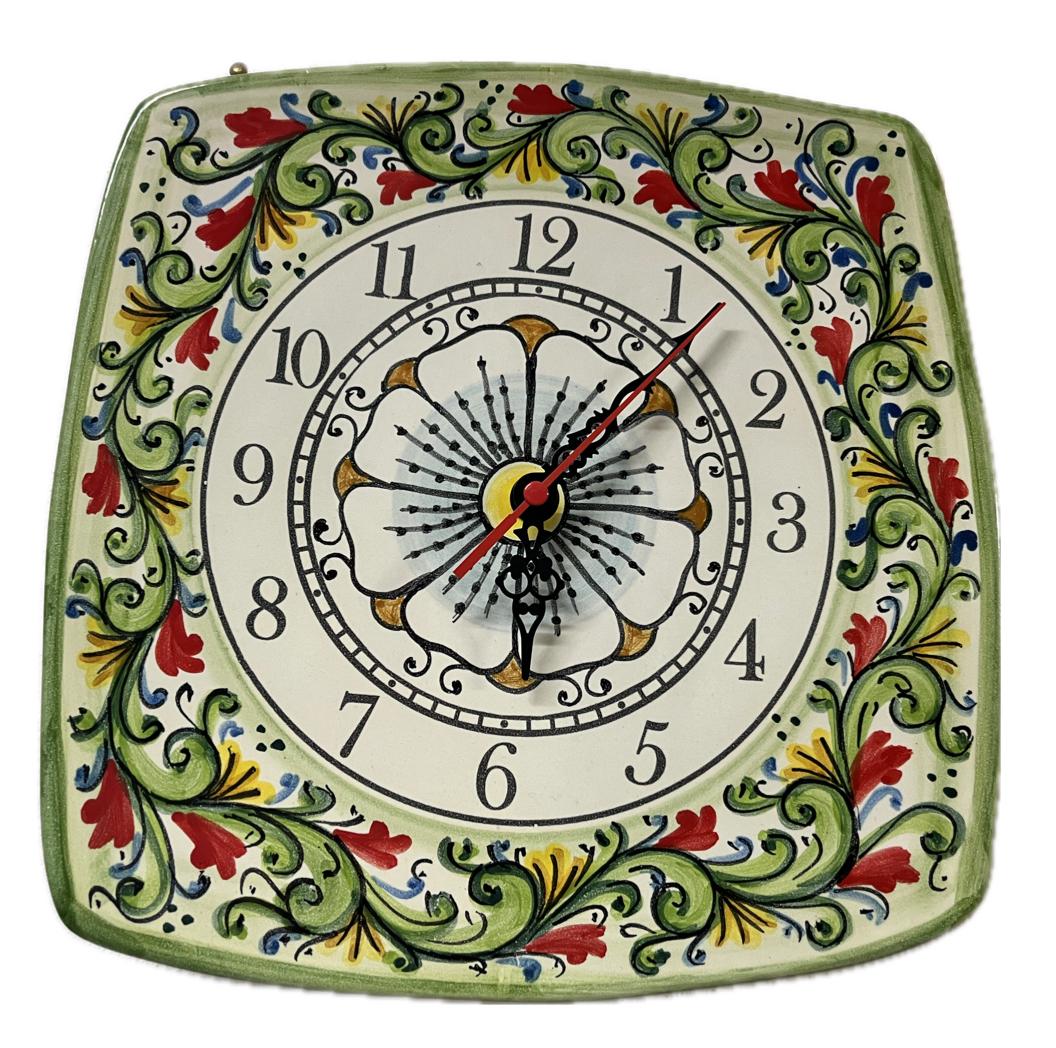 Orologio da parete in ceramica quadrato decoro siciliano Produzione artigianale di Santo Stefano di Camastra lunghezza 25cm