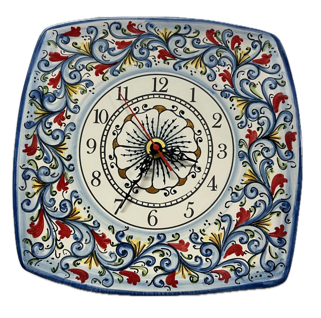 Orologio da parete in ceramica quadrato decoro siciliano Produzione artigianale di Santo Stefano di Camastra lunghezza 25cm