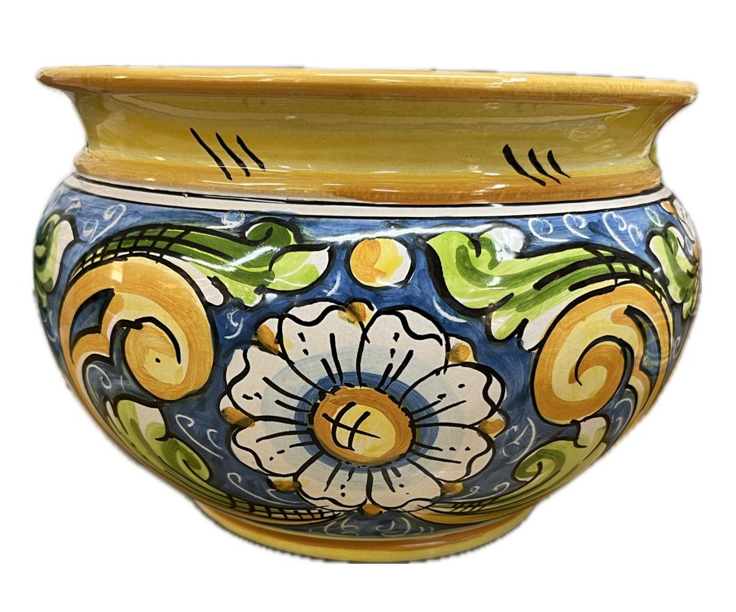 Portavaso cachepot decoro con margherite fondo verde in ceramica siciliana Produzione artigianale di Caltagirone Diametro 20cm