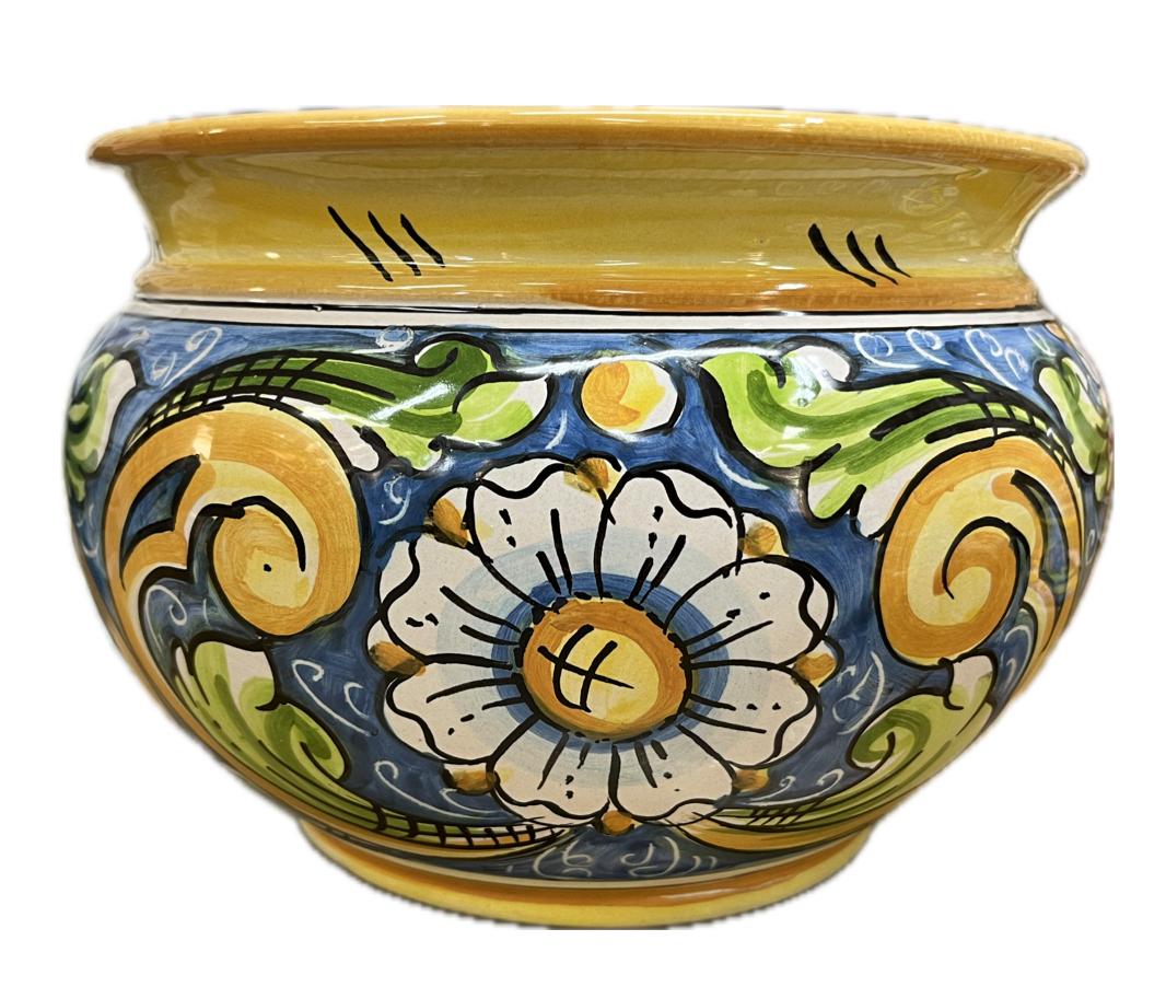 Portavaso cachepot decoro con margherite fondo verde in ceramica siciliana Produzione artigianale di Caltagirone Diametro 20cm