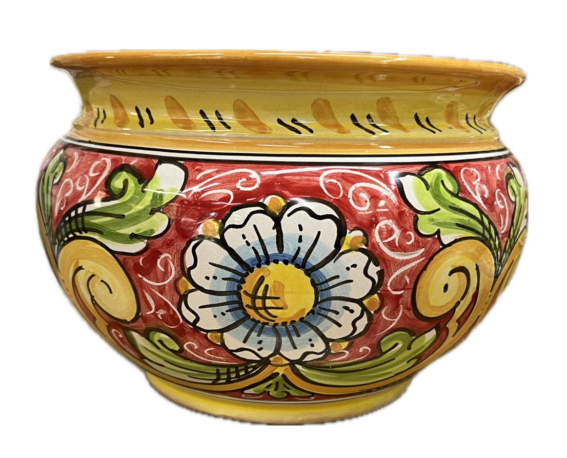 Portavaso cachepot decoro margherite fondo rosso in ceramica Produzione artigianale di Caltagirone diametro 20cm