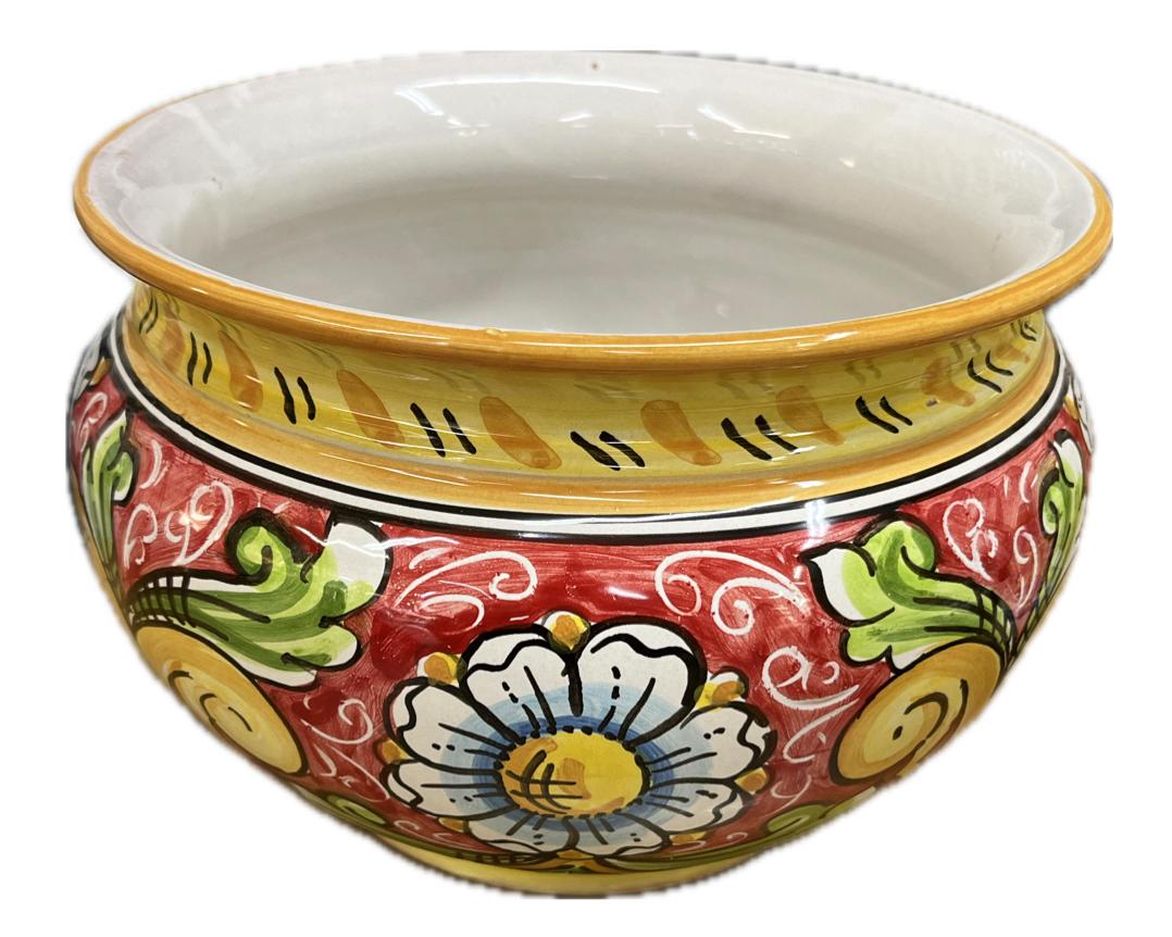 Portavaso cachepot decoro margherite fondo rosso in ceramica Produzione artigianale di Caltagirone diametro 20cm