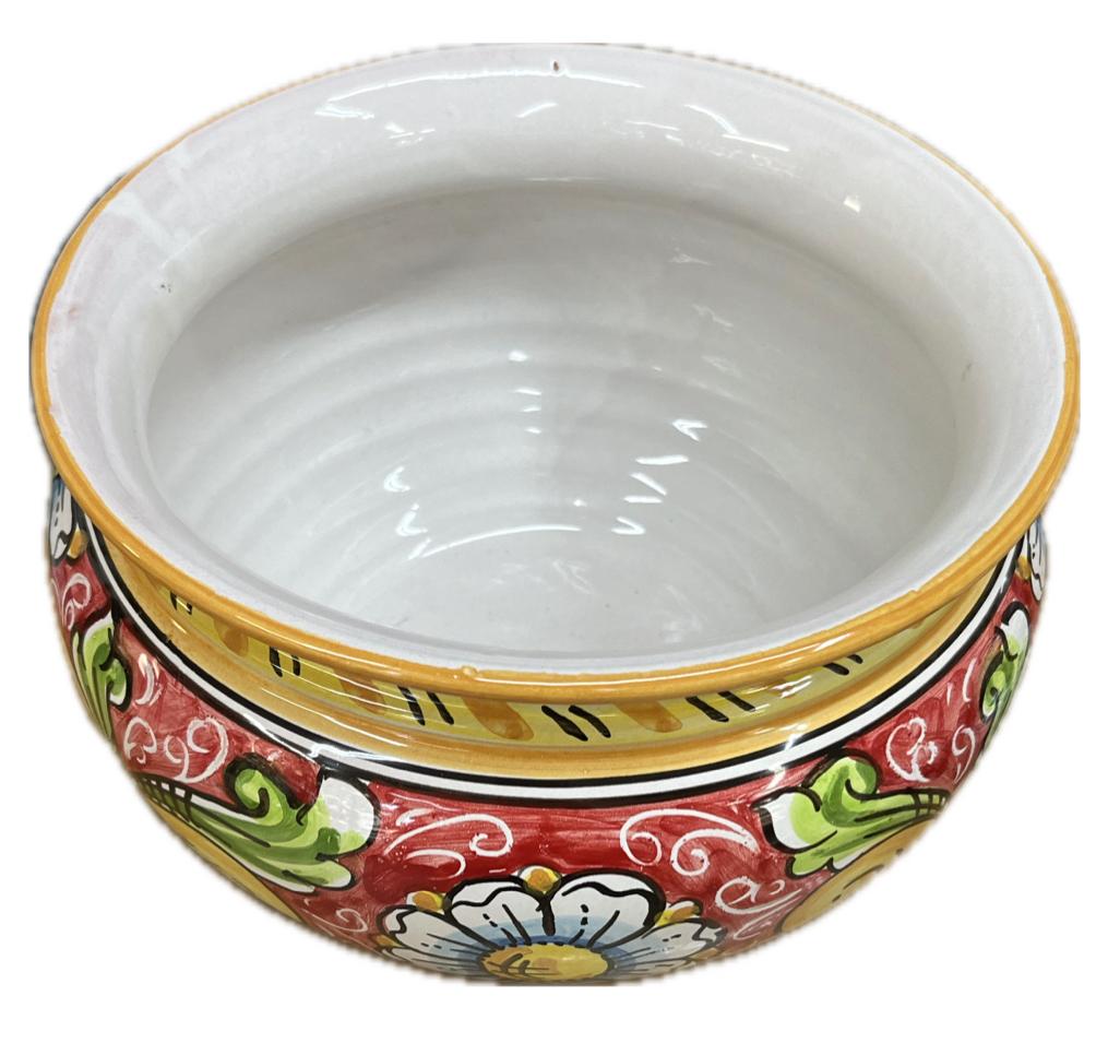 Portavaso cachepot decoro margherite fondo rosso in ceramica Produzione artigianale di Caltagirone diametro 20cm