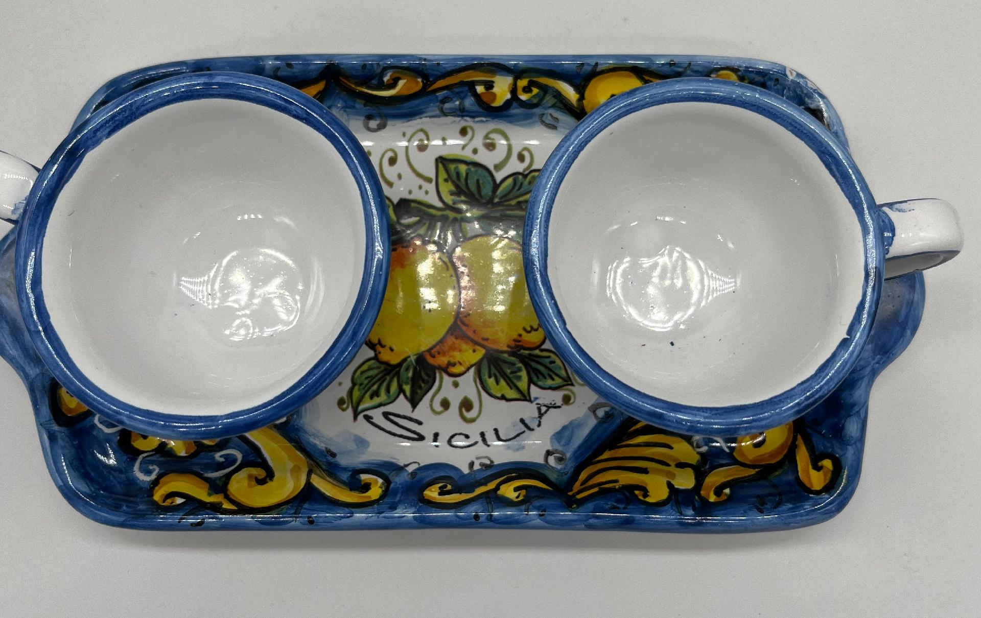 Tet a Tet servizio da caffè, due tazzine e vassoio in ceramica Produzione artigianale Santo Stefano di Camastra Larghezza 20cm
