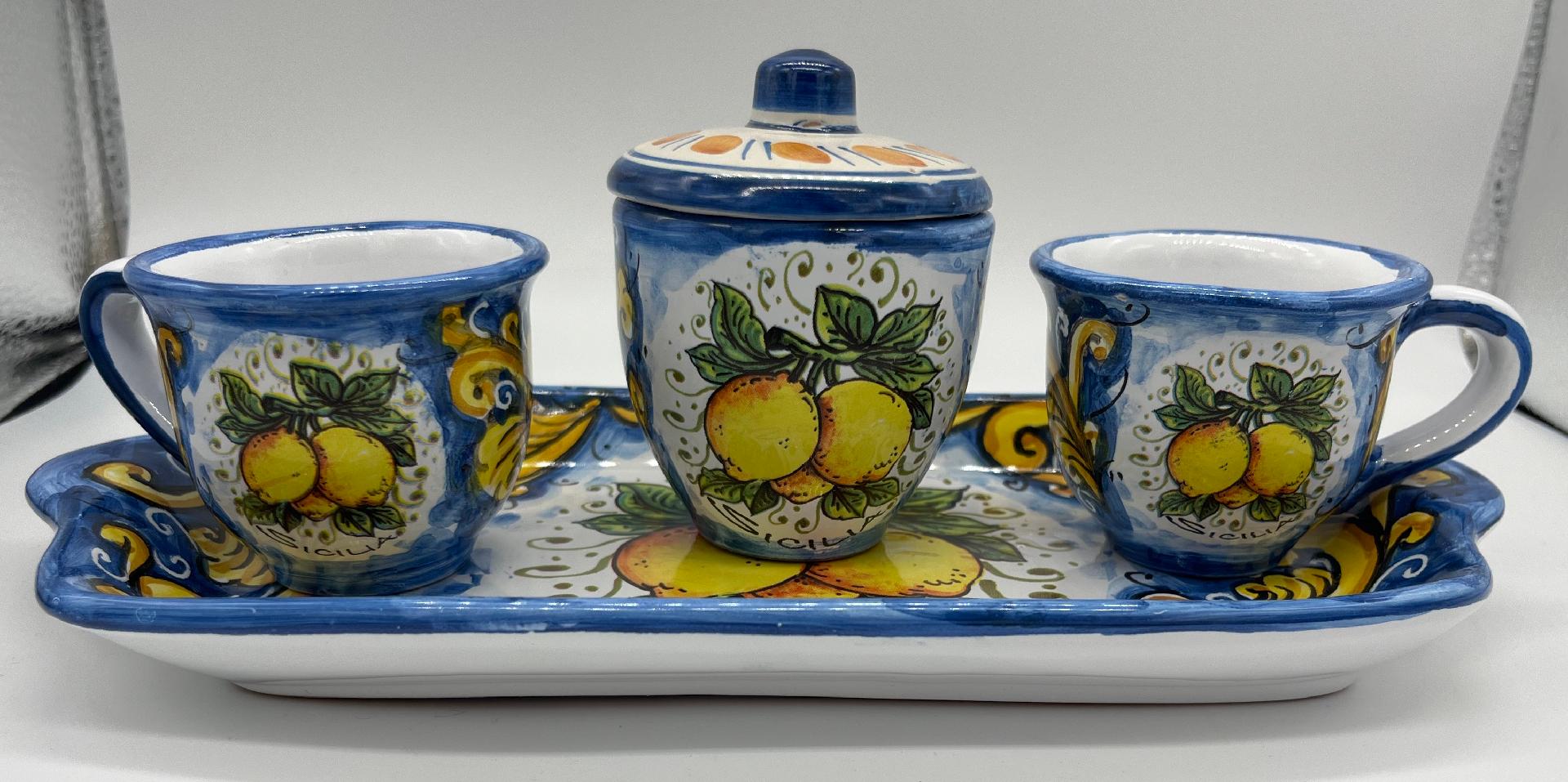 Tet a Tet servizio da caffè, due tazzine, zuccheriera e vassoio in ceramica Produzione artigianale Santo Stefano di Camastra Lunghezza 27cm