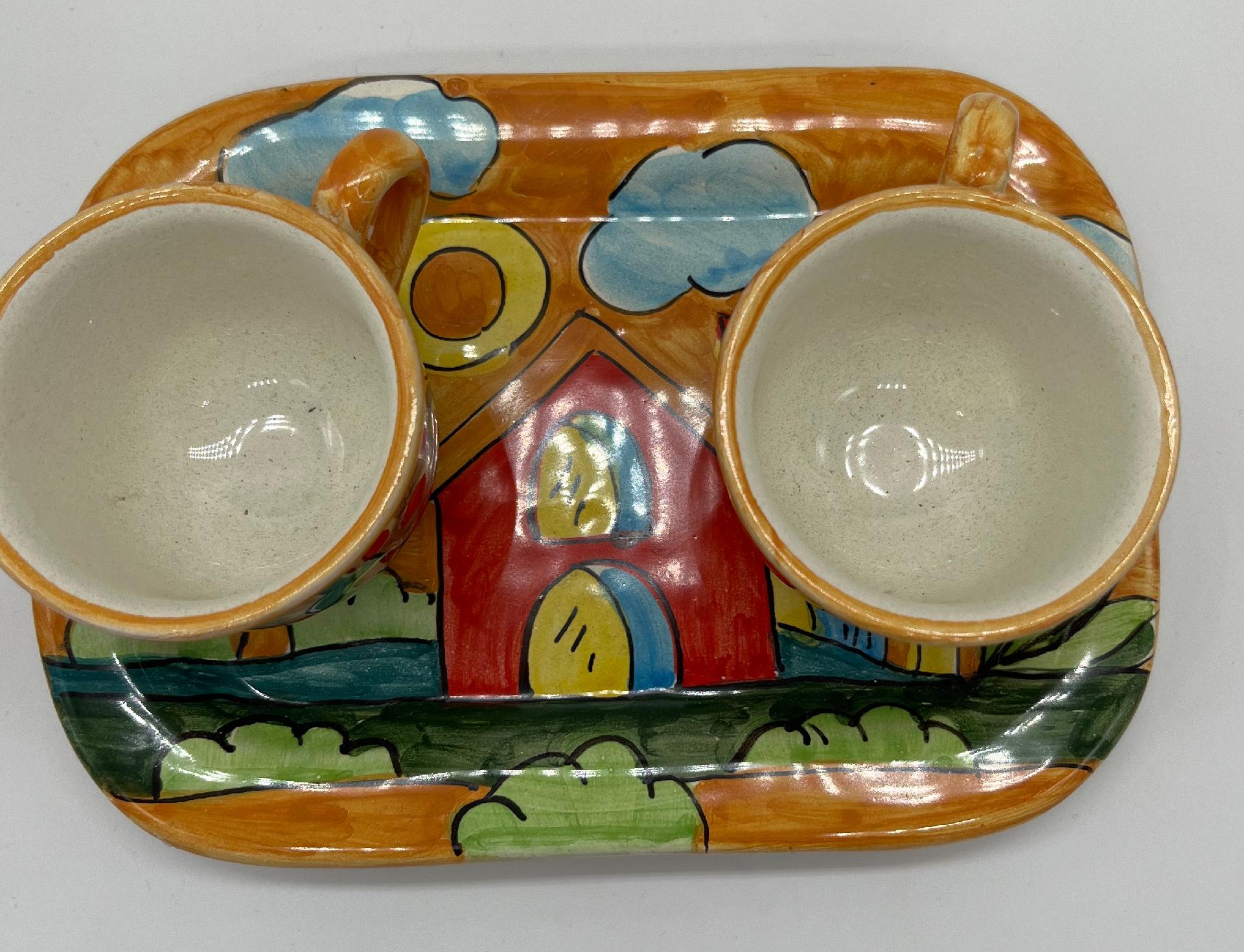 Tet a Tet servizio da caffè, due tazzine e vassoio in ceramica Produzione artigianale Santo Stefano di Camastra Lunghezza 19cm