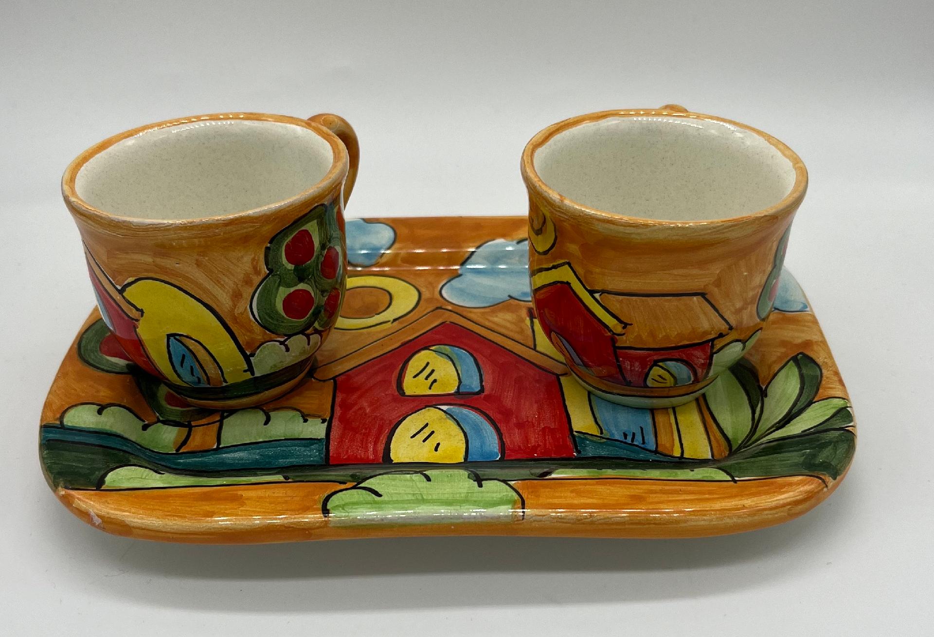 Tet a Tet servizio da caffè, due tazzine e vassoio in ceramica Produzione artigianale Santo Stefano di Camastra Lunghezza 19cm