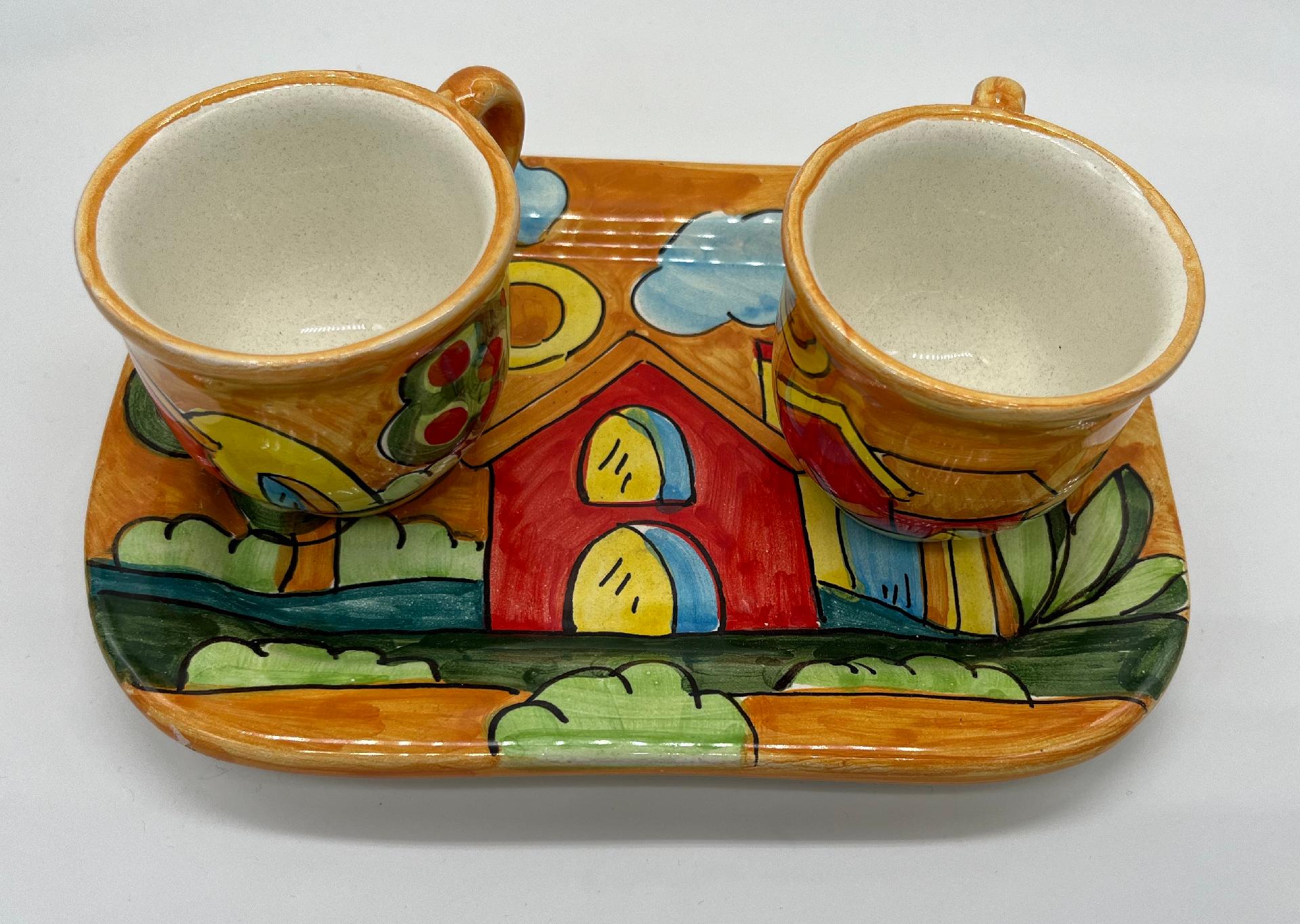 Tet a Tet servizio da caffè, due tazzine e vassoio in ceramica Produzione artigianale Santo Stefano di Camastra Lunghezza 19cm