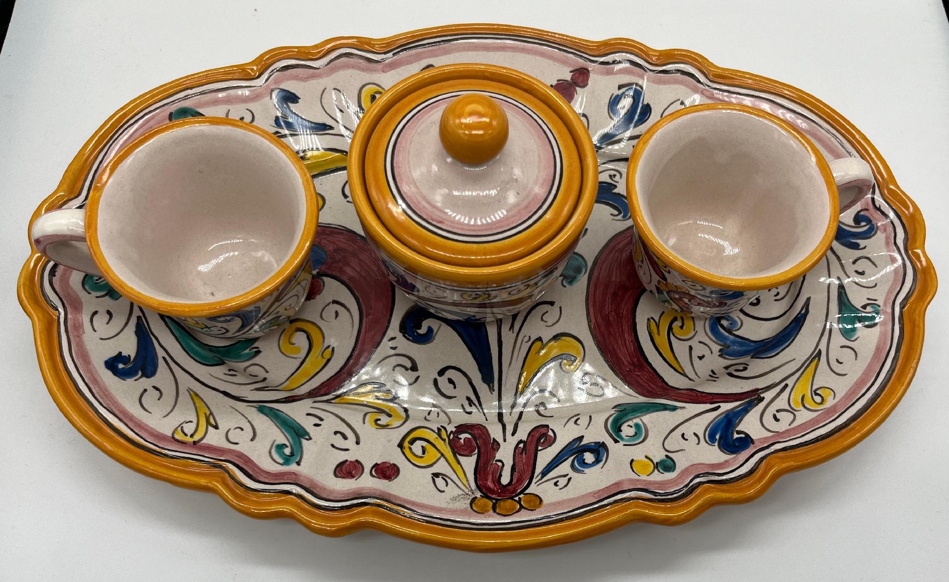 Tet a Tet servizio da caffè, due tazzine, zuccheriera e vassoio in ceramica Produzione artigianale di Caltagirone Lunghezza 30cm