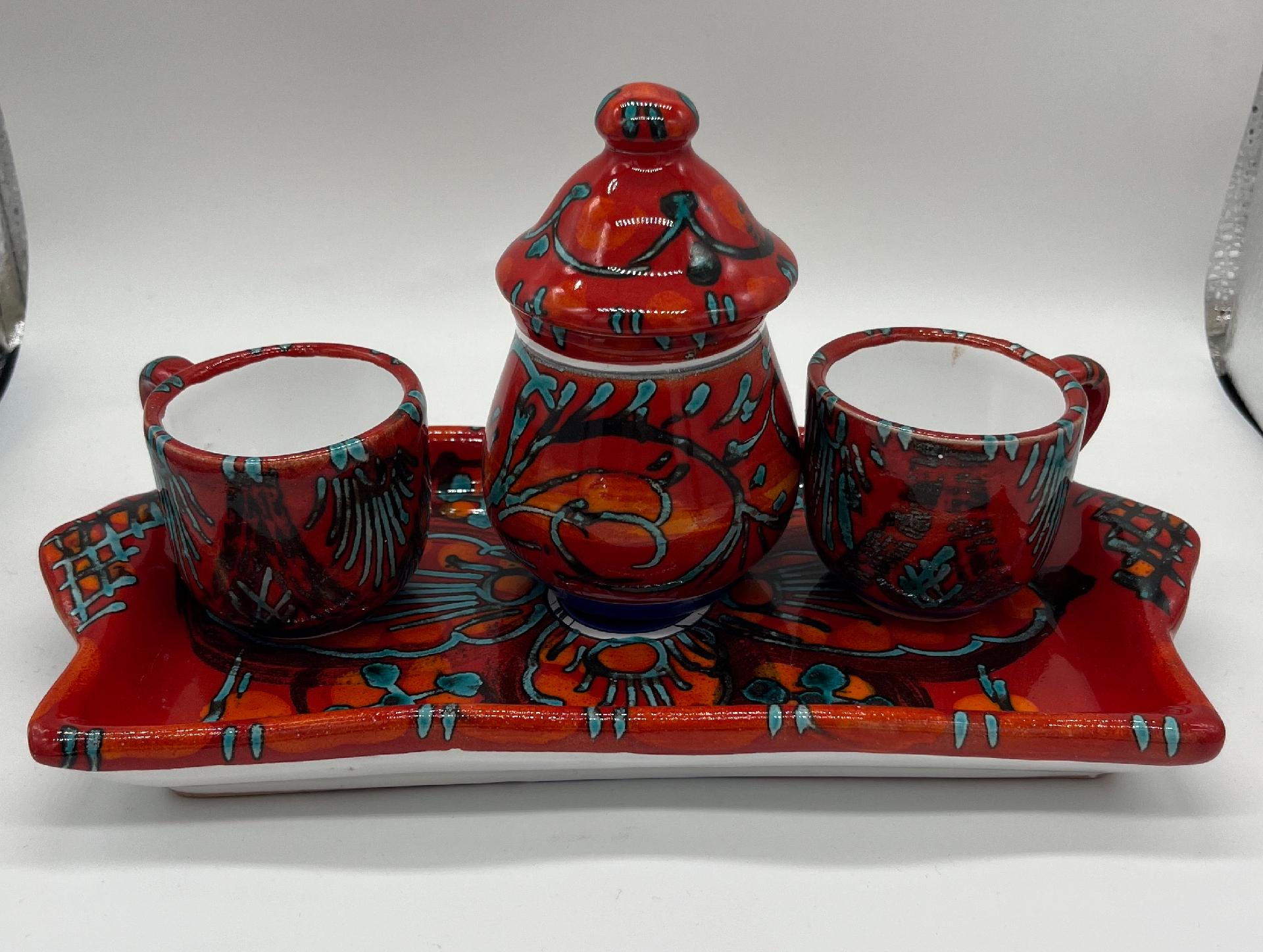 Tet a Tet servizio da caffè, due tazzine, zuccheriera e vassoio in ceramica Produzione artigianale Santo Stefano di Camastra Lunghezza 27cm