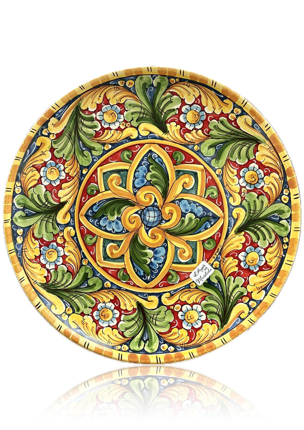 Piatto ornamentale barocco in ceramica siciliana da parete Produzione artigianale Santo Stefano di Camastra diametro 37cm