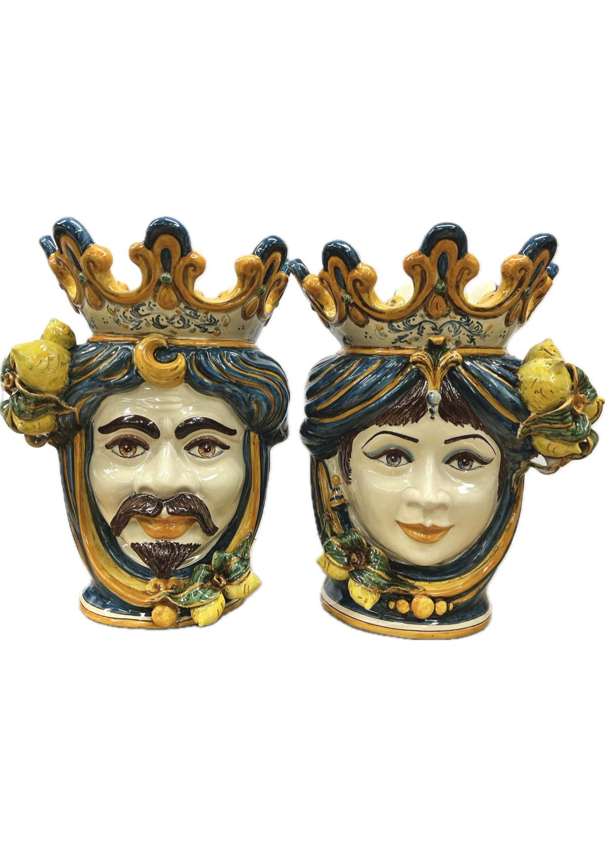 Teste di moro con limoni decoro plastico blu arancio in ceramica siciliana Produzione artigianale di Caltagirone h.40cm