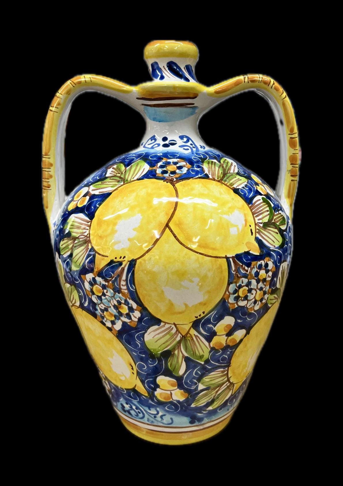 Anfora siciliana Quartara con manici con limoni in ceramica siciliana Produzione artigianale di Caltagirone h.30