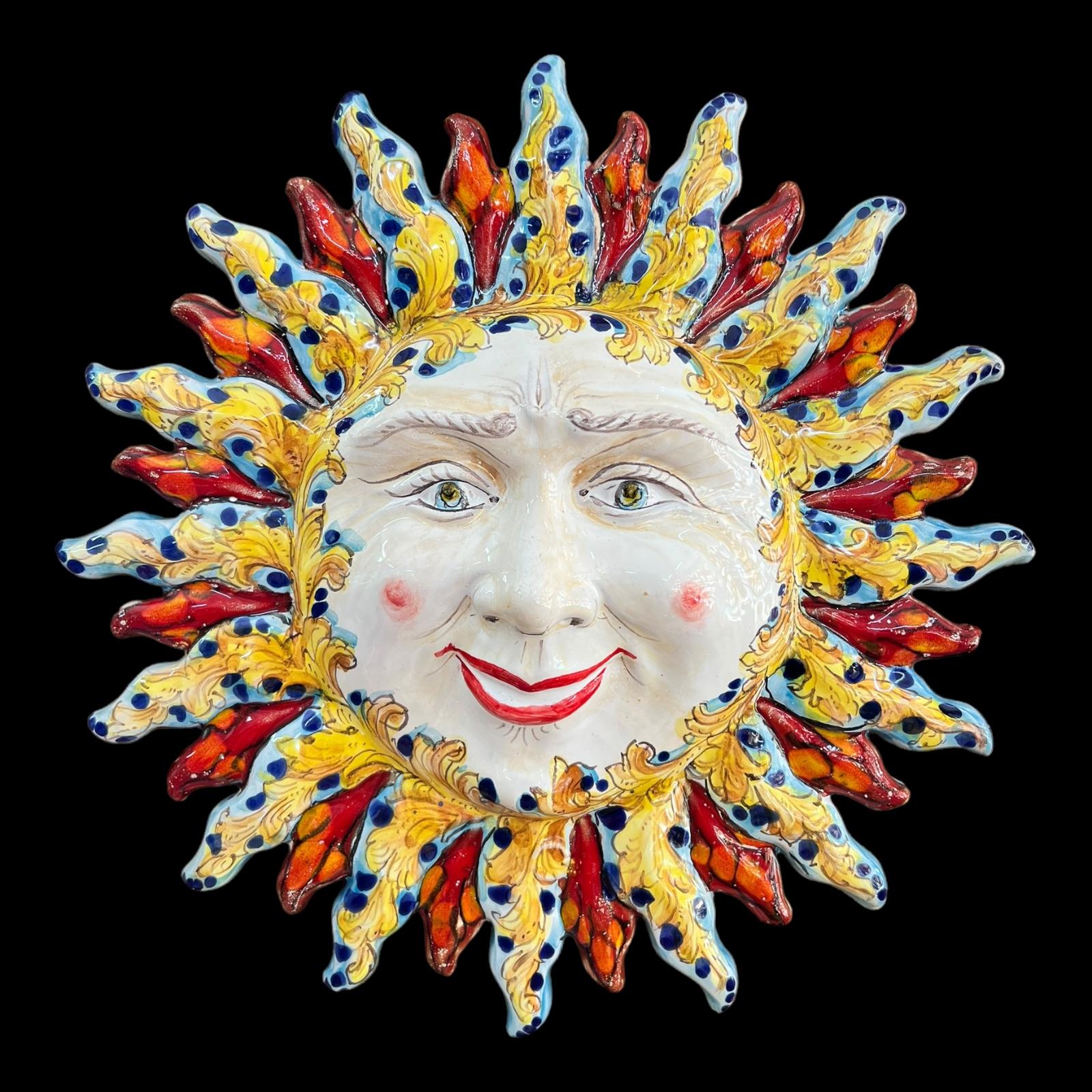 Sole in ceramica da parete linea rossa decoro giallo bianco e rosso Produzione artigianale di Santo Stefano di Camastra Diametro 40cm