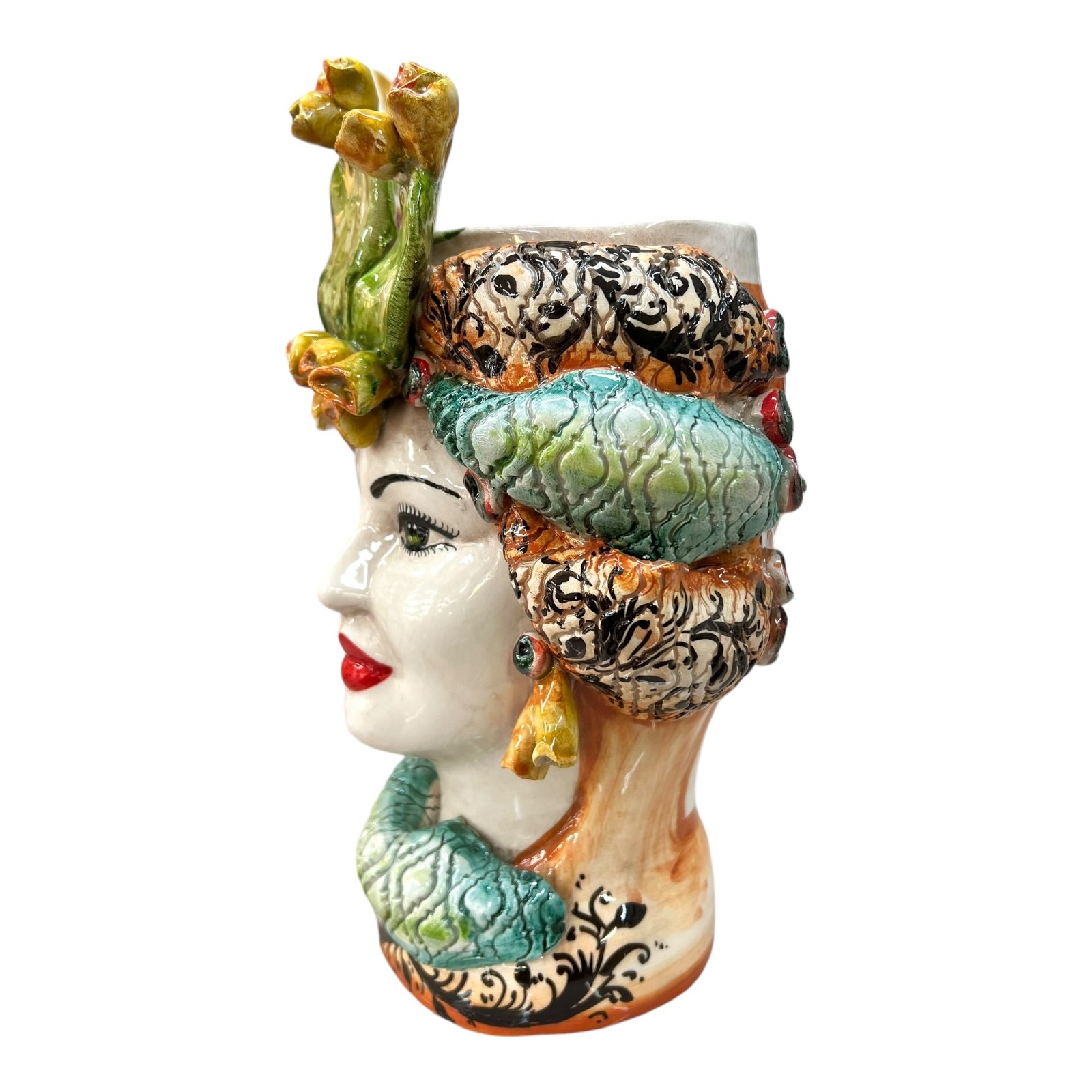 Teste di moro con fichi d'india e turbante decoro verde e arancione Produzione artigianale di Caltagirone h.30cm