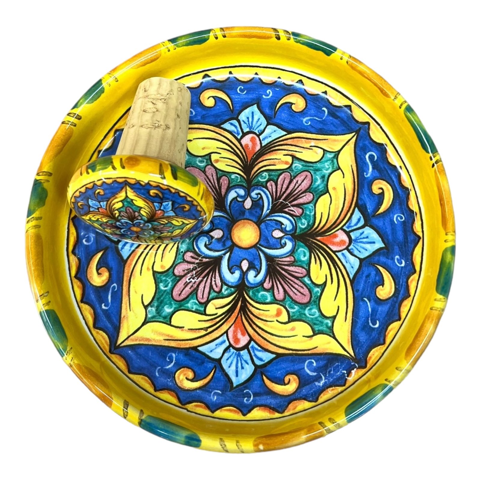 Sottobottiglia con tappo in ceramica siciliana decoro ornato barocco classico Produzione artigianale di Santo Stefano di Camastra Diametro 12cm