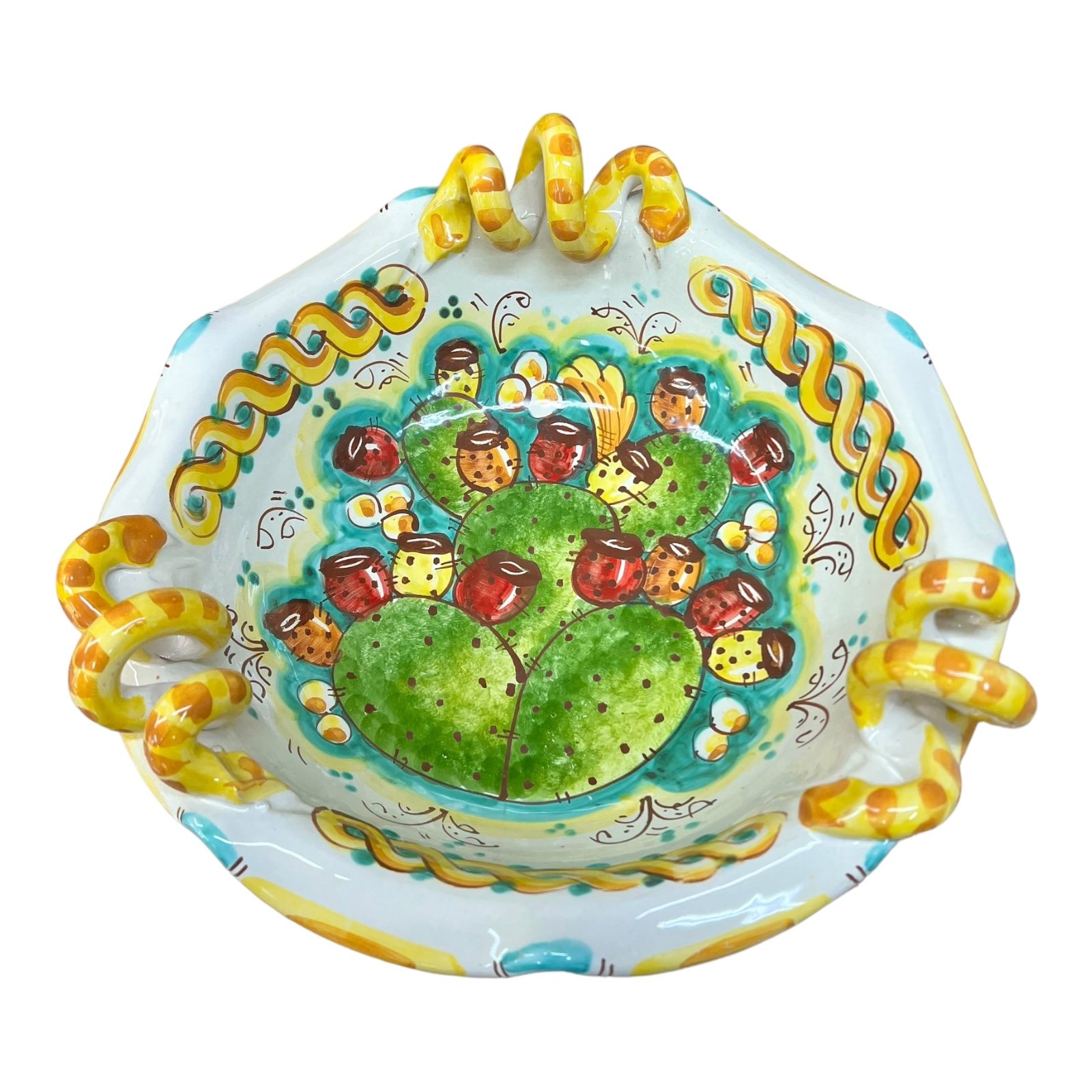 Centrotavola smerlato con manici con fichi d'india Produzione artigianale di Caltagirone Diametro 30cm