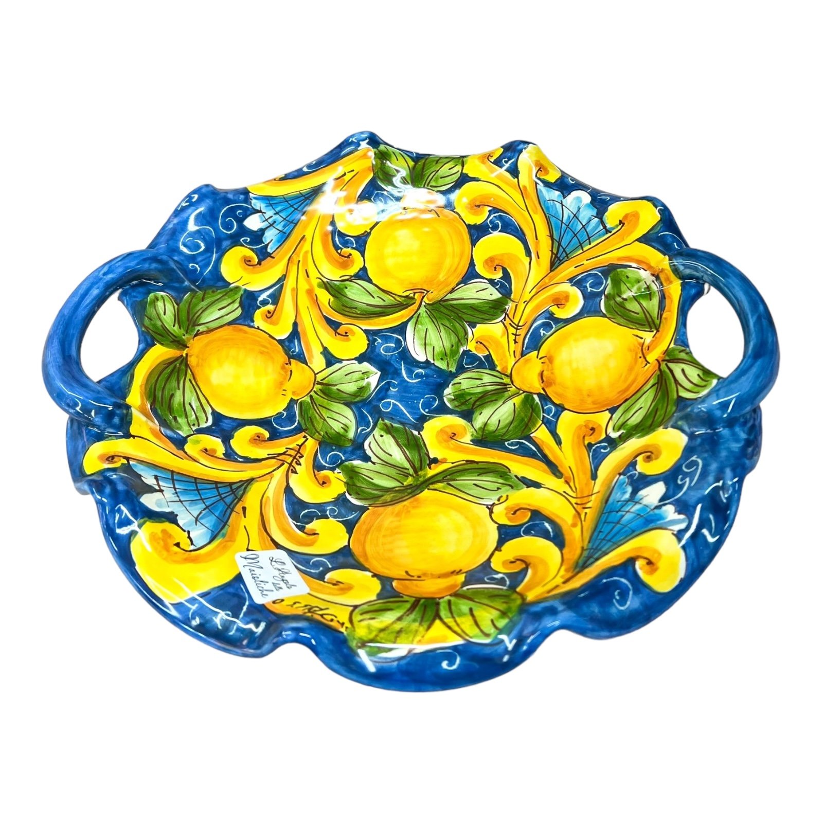 Centrotavola smerlato con manici con limoni decoro ornato barocco giallo e blu Produzione artigianale di Santo Stefano di Camastra Diametro 30cm