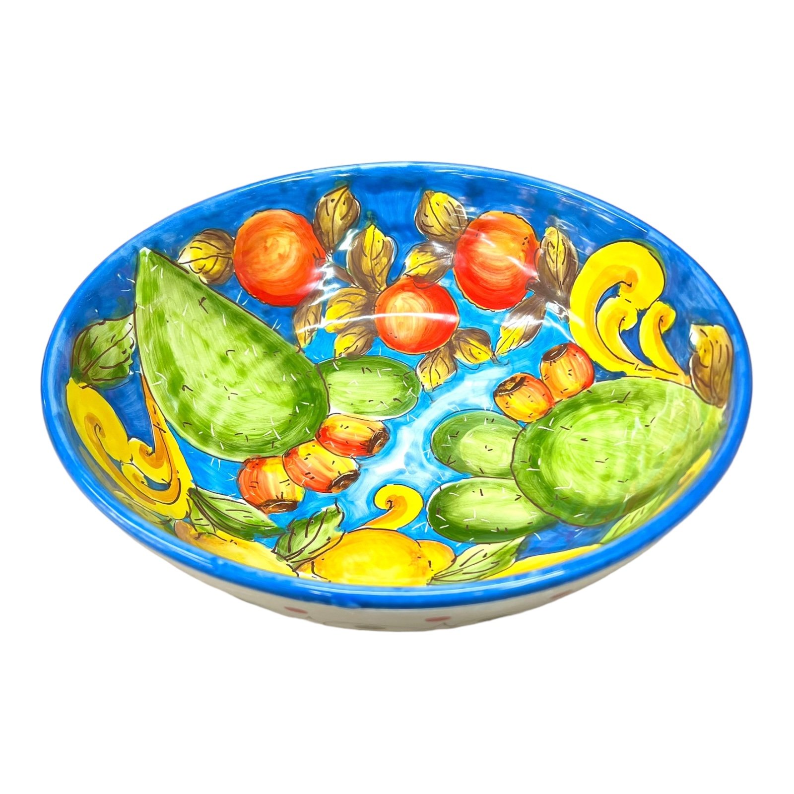 Ciotola centrotavola in ceramica siciliana con limoni, arance e fichi d'india decoro blu Produzione artigianale di Santo Stefano di Camastra Diametro 30cm