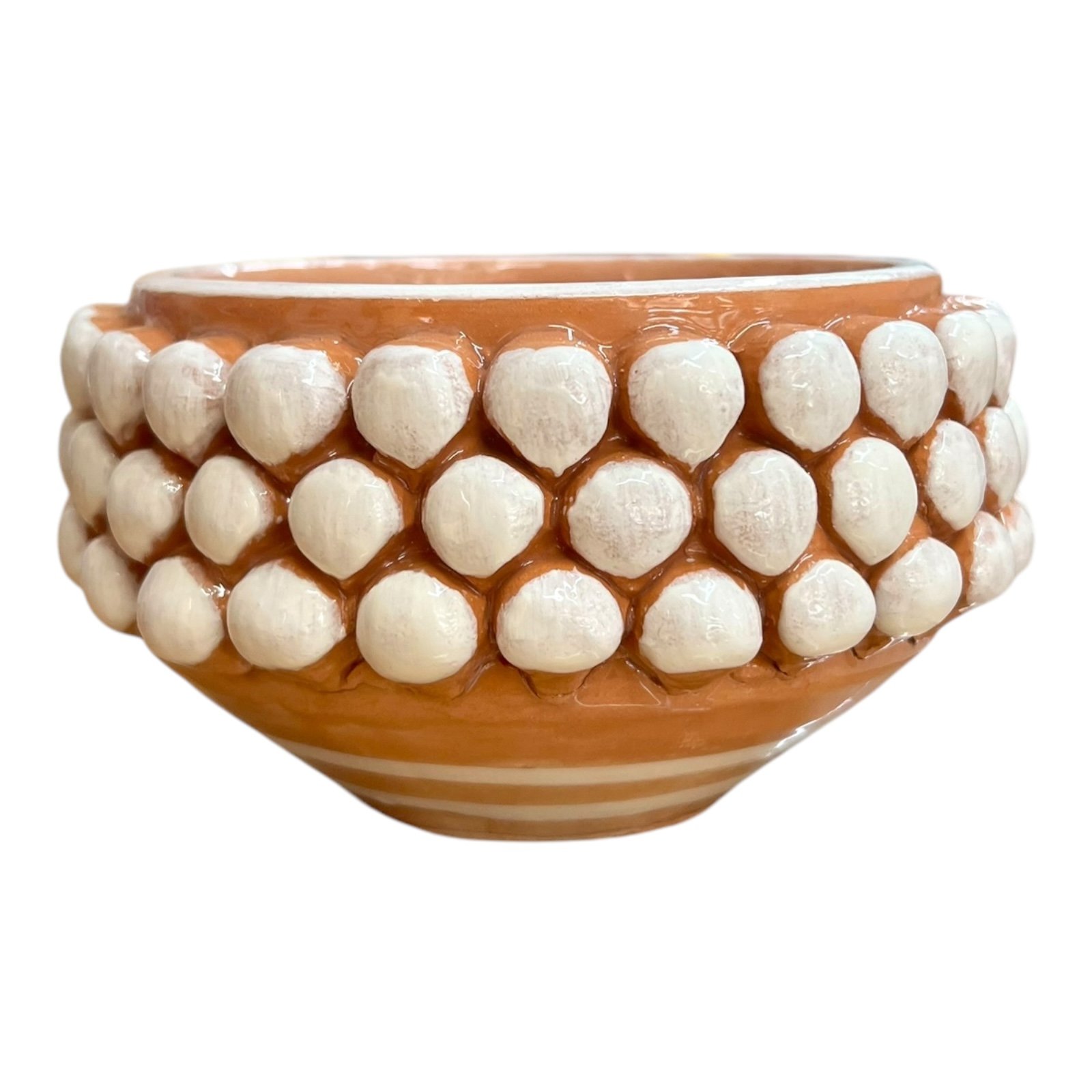 Ciotola pigna svuota tasche o porta caramelle in ceramica siciliana decoro bianco e terracotta Produzione artigianale di Santo Stefano di Camastra Diametro 15cm