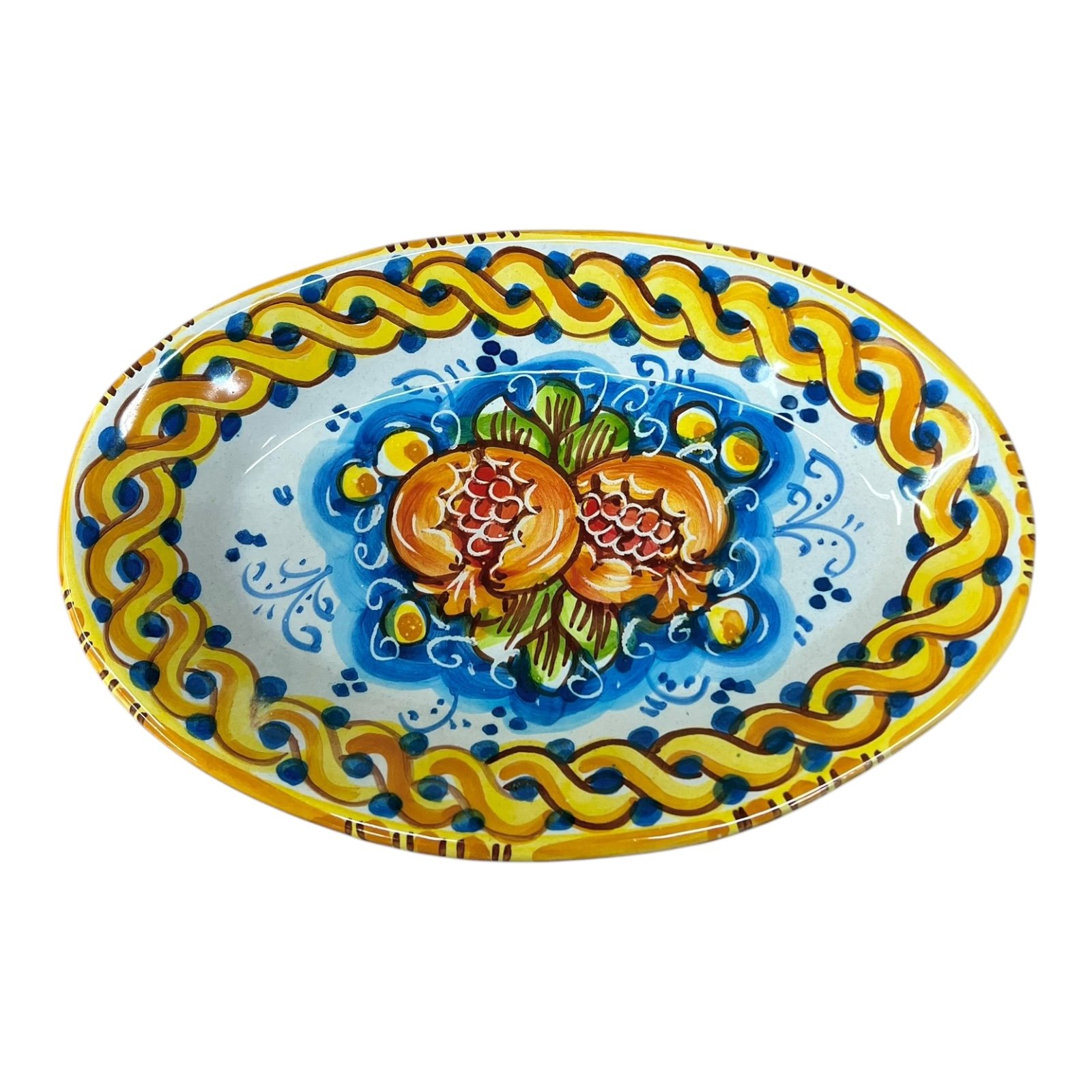 Piatto ornamentale ovale da parete con melograni fondo blu in ceramica siciliana Produzione artigianale di Caltagirone Lunghezza 22cm