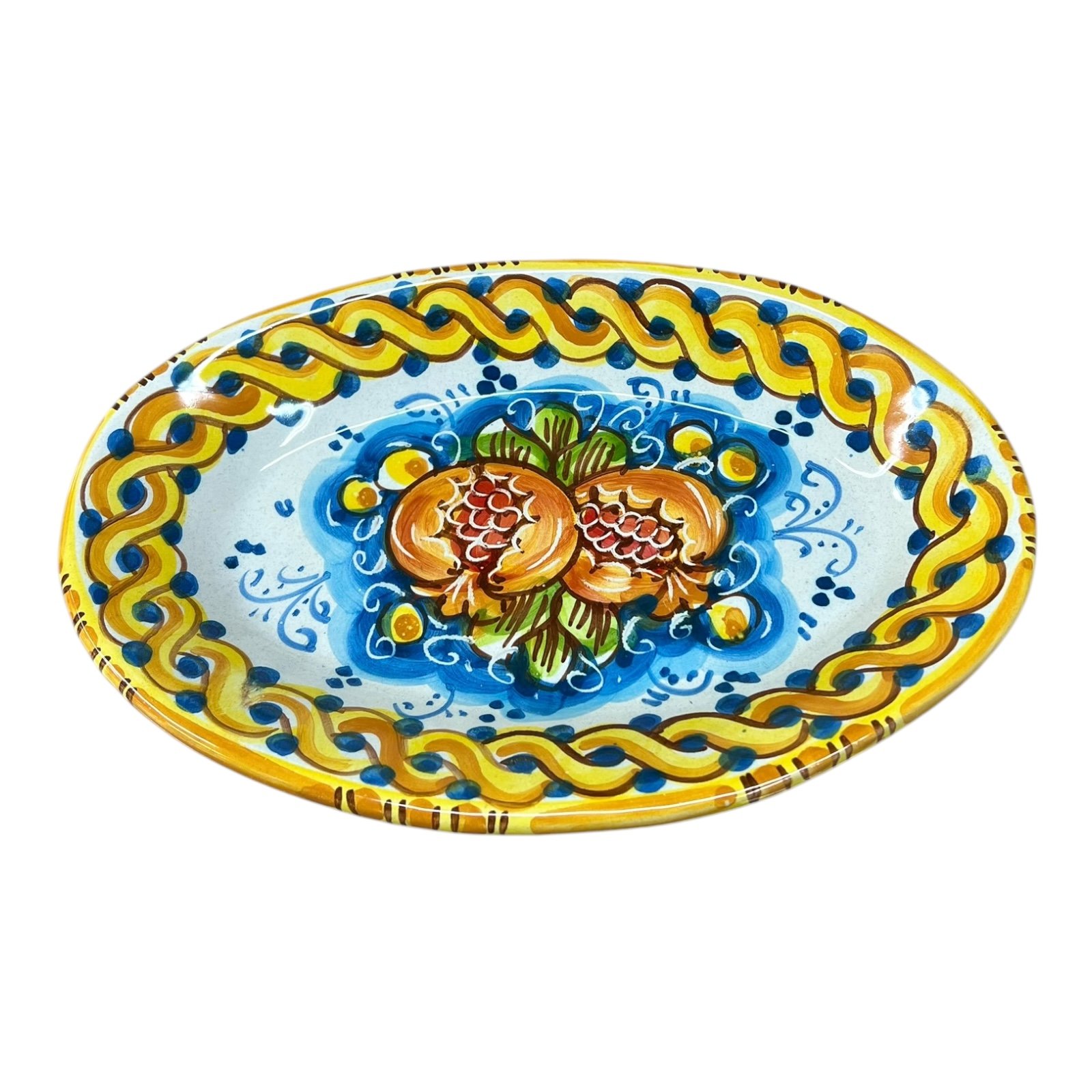 Piatto ornamentale ovale da parete con melograni fondo blu in ceramica siciliana Produzione artigianale di Caltagirone Lunghezza 22cm