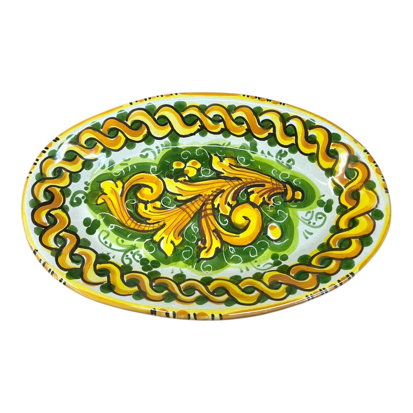 Piatto ornamentale ovale da parete in ceramica siciliana decoro ornato giallo e verde Produzione artigianale di Caltagirone Lunghezza 22cm