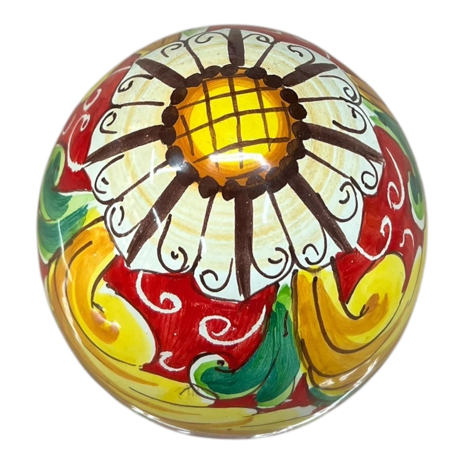 Uovo di Pasqua in ceramica siciliana decoro ornato barocco fondo rosso Produzione artigianale di Santo Stefano di Camastra h.15cm