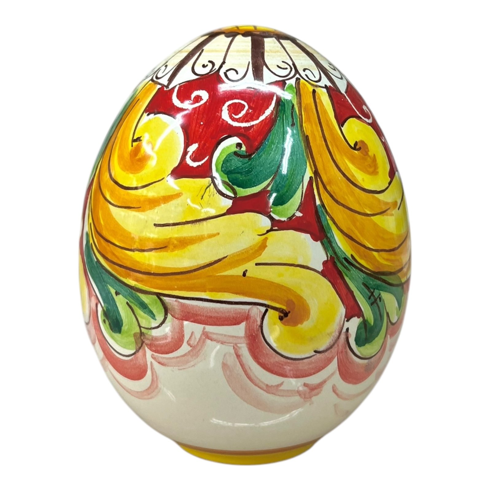 Uovo di Pasqua in ceramica siciliana decoro ornato barocco fondo rosso Produzione artigianale di Santo Stefano di Camastra h.15cm