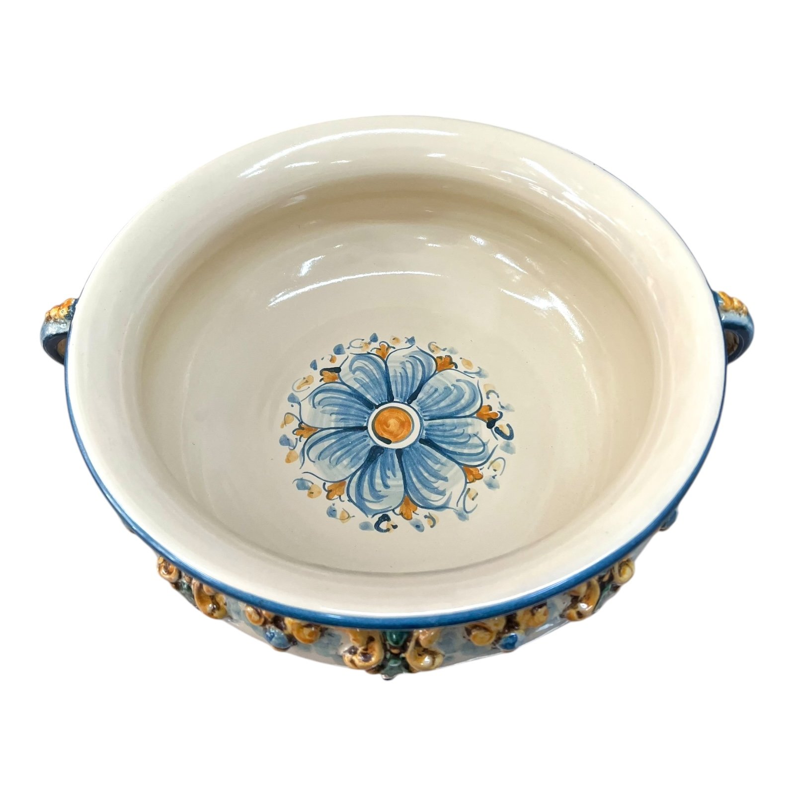 Centrotavola alzata in ceramica siciliana decoro tricolore blu, arancione e verde Produzione artigianale di Caltagirone Diametro 30cm