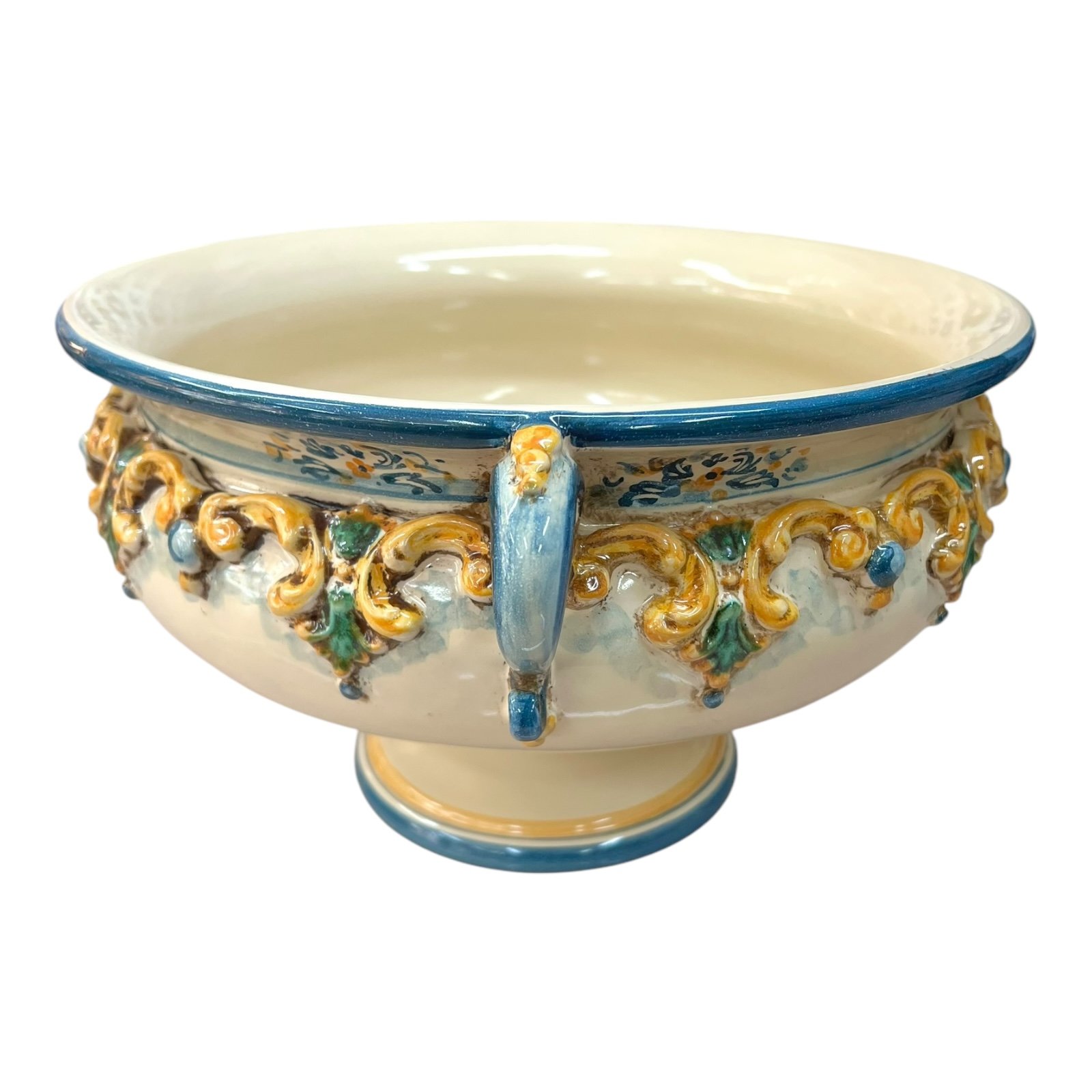 Centrotavola alzata in ceramica siciliana decoro tricolore blu, arancione e verde Produzione artigianale di Caltagirone Diametro 30cm